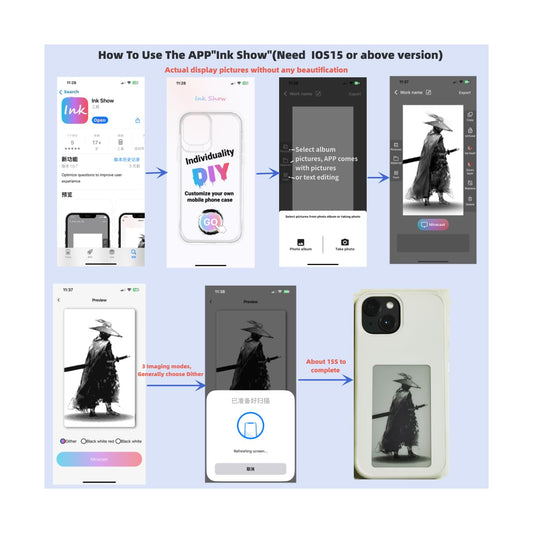 KSOPUERT Ink Screen Protective Phone Case Compatible with 6.1 Inch iPhone 15 Classic White Smart Ink Screen Supports 3.5'' Image Display